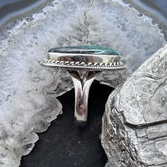 Sterling Silver Southwestern Style Oval Azurite Decorated Ring Size 7 For Women - Picture 5 of 10